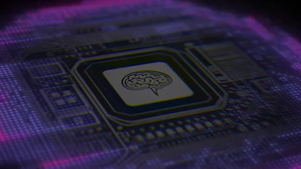 Microchip Con Icono Cerebral Que Propaga Energía Brillante Sobre Placa — Vídeo de stock