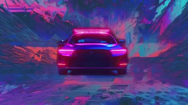 Oldtimer Polizeiwagen 80Er Jahre Retro Neon Abstrakten Hintergrund Psychedelischer Tunnel — Stockvideo