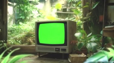 Retro televizyon, 70 'lerin televizyonu, yeşil ekran serada. Soyut arka plan. 4k görüntü ProRes.
