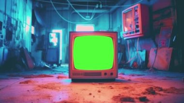 Retro TV, 90 'ların televizyonu, arızalı, gürültülü, interferenc, gizemli bir siber punk odasında yeşil ekran. Soyut arkaplan. 4k görüntü.