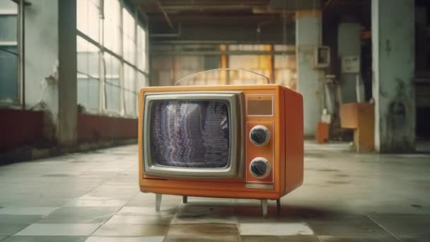 レトロチューブテレビ 放棄された建物内の画面上にノイズとグリッチと古いオレンジのテレビ 抽象的な背景 Prores — ストック動画