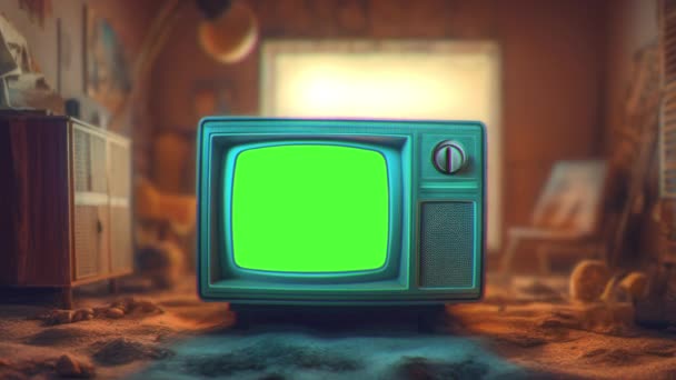 Alter Röhrenfernseher Mit Grünem Bildschirm Einem Geheimnisvollen Raum Abstrakter Hintergrund — Stockvideo