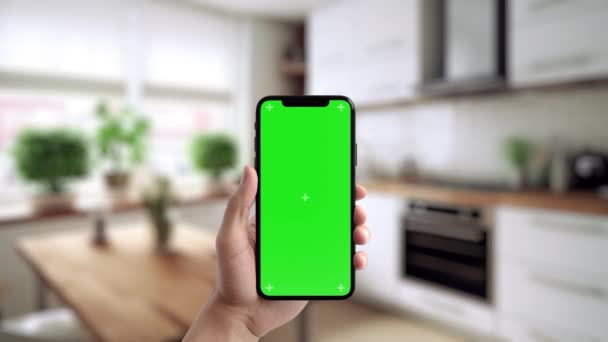 Χέρι Κρατώντας Smartphone Πράσινο Chroma Οθόνη Κλειδί Στο Φόντο Της — Αρχείο Βίντεο