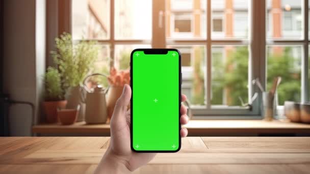 男性の手は 木製のテーブルとキッチンの大きな光の窓 ぼやけた背景を背景に緑色のクロマキー画面を持つスマートフォンを保持しています Prores映像 — ストック動画