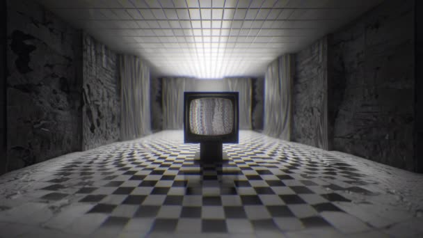 Ретро Телебачення Телевізор Глюками Шумом Втручанням Загадкову Чорно Білу Кімнату — стокове відео