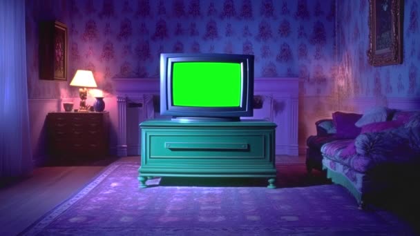 Retro 1990 Zabytkowy Telewizor Usterkami Hałas Zakłócenia Zielony Ekran Wymarzonym — Wideo stockowe
