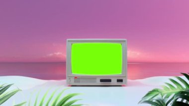 Sahilde Retro TV, krom anahtar, yeşil ekran, yaz tatili konsepti. 4k görüntü, ProRes.