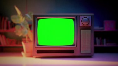 Retro 1990 'ların televizyonu, arızalı, gürültülü, parazitli, laboratuvardaki yeşil ekranlı klasik televizyon. Soyut arkaplan. ProRes görüntüsü.