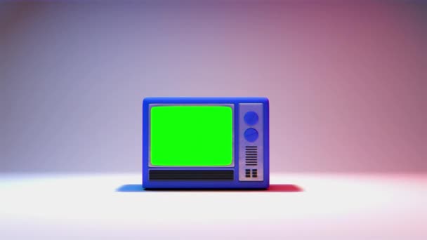 复古电视 老式的蓝色电视机 在空房间里有一个绿色的屏幕 摘要背景 Prores的录像 — 图库视频影像