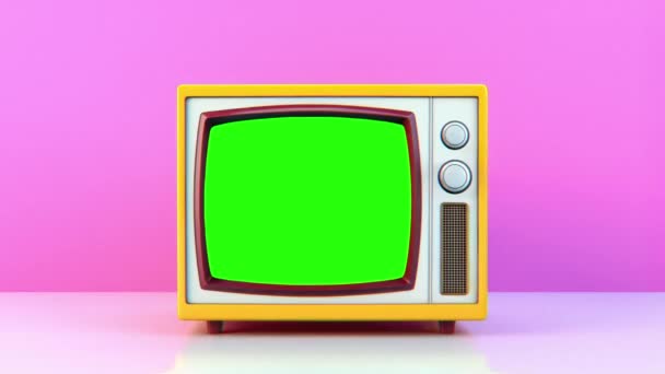 Retro Zabytkowy Telewizor Zielonym Ekranem Hałas Zakłócenia Pustym Różowym Pokoju — Wideo stockowe