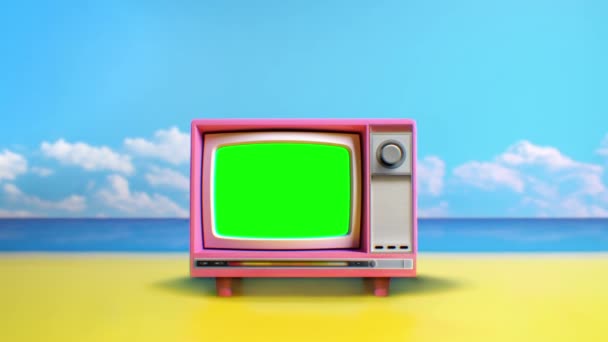 レトロ 1990年代のテレビ 光沢のあるヴィンテージテレビ ノイズ ビーチの緑の画面 抽象的な背景 プロレス映像 — ストック動画
