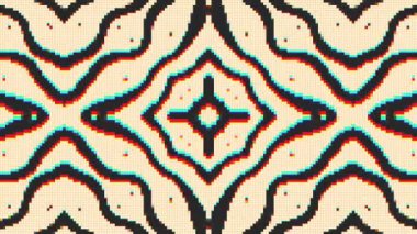 Kaleydoskop etkisine sahip canlı pikselli kabile deseni, toprak tonlarda şekillerin simetrik bir düzenlenmesini, geleneksel boncuk işçiliğini veya nakışları anımsatıyor. Yüksek kalite FullHD