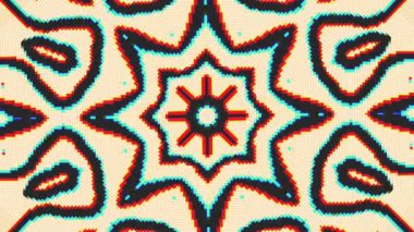 Pikselli arıza efektli canlı dijital kaleydoskop deseni, turuncu, mavi ve beyaz tonlarda yıldız şeklinde bir mandalayı dokulu bir arka planda gösteriyor. Yüksek kaliteli FullHD görüntüler.
