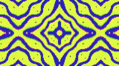 Pikselleştirilmiş geometrik tasarımı klasik video oyunlarını andıran mor ve sarı renk şemasına sahip Retro 8-bit dijital sanat deseni. Yüksek kaliteli FullHD görüntüler.