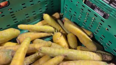 Süpermarkette siyah plastik bir kutuda renkli havuç karışımı. Yüksek kalite 4k görüntü.