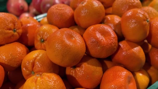 Egy Közeli Kép Friss Érett Nadorcott Mandarinokról Piacon Kiváló Minőségű — Stock videók