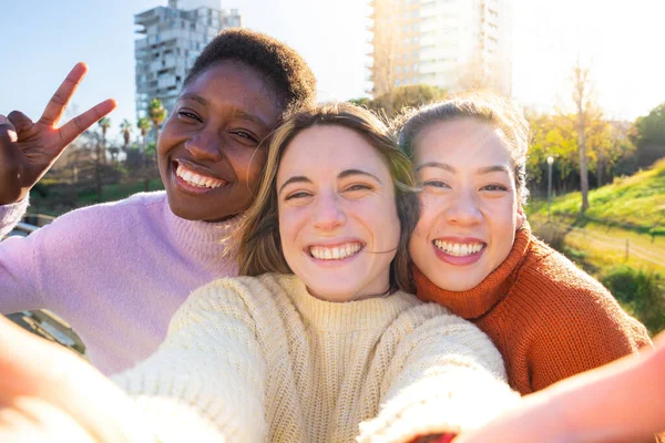 Group of three happy young women friends taking a selfie smiling. International college students having break during classes, on vacation having fun together laughing and hugging. High quality photo