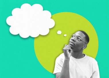 Art collage with a young man thinking, the concept thought process, mind, ingenuity and new creative ideas. Person isolated on color background copy space for text. High quality photo