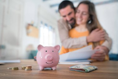 Heyecanlı genç aile, faturaları ödeyerek ev ekonomisini başarılı bir şekilde idare etmekten memnun. Neşeli koca eşi iç bütçe planlamasını veya ipotek onayını kutluyor. Yüksek kalite fotoğraf