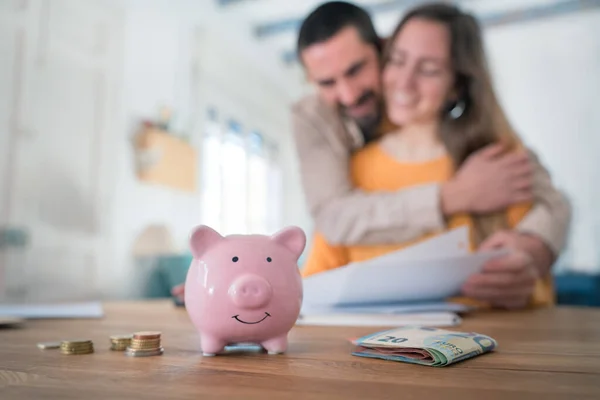 Excited Young Family Couple Satisfied Successful Managing Home Finances Paying — Stock Photo, Image