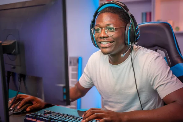 Portrait Young Gamer Playing Online Computer Games Headphones Streamer Colorful — Stock Photo, Image