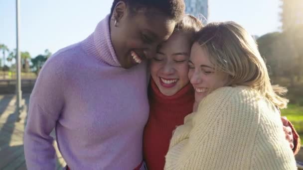 Kelompok Multirasial Yang Ceria Dari Teman Teman Wanita Muda Menikmati — Stok Video
