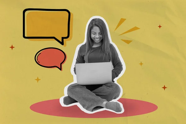 Bilgisayar, online çalışmalar, sohbet, üniversite ve üniversite konsepti üzerine çalışan genç ve mutlu bir bayan öğrenci. Renk arkaplanından izole edilmiş. Modern kolaj tarzı. Yüksek kalite fotoğraf
