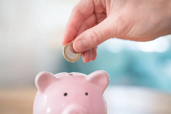 Save money household expenses. Female hands puts a coin in a pink piggy bank. Power pricing during energy crisis.