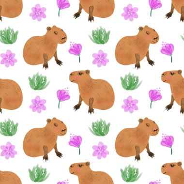 Beyaz arka planda çiçeksiz desenli şirin Capybara