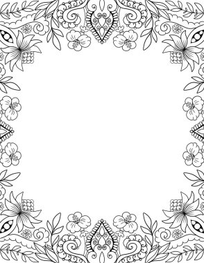 Davetiye, pankart, düğün tasarımı için süslü çerçeve şablonu beyaz arka planda siyah ana hatlar