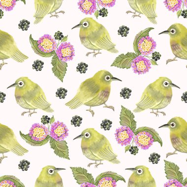 Çiçekler, böğürtlenler ve yeşil iora kuşlarıyla Lantana 'yı gösteren botanik desensiz desen tasarımı. El yapımı illüstrasyon arka planlar, duvar kağıtları ve dekoratif baskılar için idealdir.