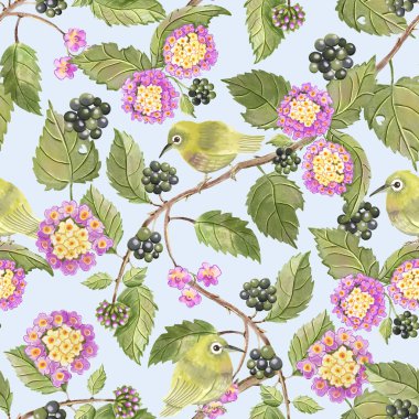 Çiçekler, böğürtlenler ve yeşil iora kuşlarıyla Lantana 'yı gösteren botanik desensiz desen tasarımı. El yapımı illüstrasyon arka planlar, duvar kağıtları ve dekoratif baskılar için idealdir.