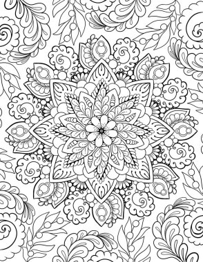 Süslü mandala yetişkin boyama kitabı sayfası. Zentangle tarzı boyama sayfası. Arapça ve Hint süslemeleri siyah ana hatları.