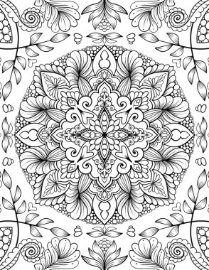 Süslü mandala yetişkin boyama kitabı sayfası. Zentangle tarzı boyama sayfası. Arapça, Hint süsü