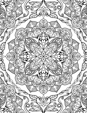 Süslü mandala yetişkin boyama kitabı sayfası. Zentangle tarzı boyama sayfası. Beyaz arka planda izole edilmiş Arapça ve Hint süsü