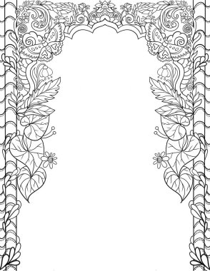 Davetiyeler ve afişler için çiçek süsüyle süslenmiş, dikey, siyah beyaz bir çerçeve. Alıntı ve metin için şablon çerçevesi