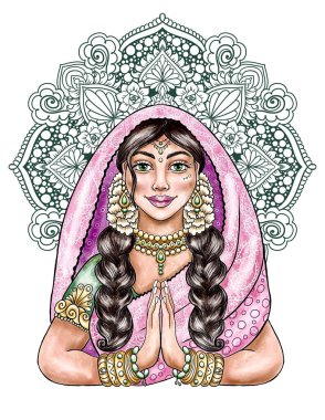 Geleneksel sari kıyafetli Hintli kadın gelin prenses beyaz arka planda izole, renkli çizimler, hoş geldin karşılaması