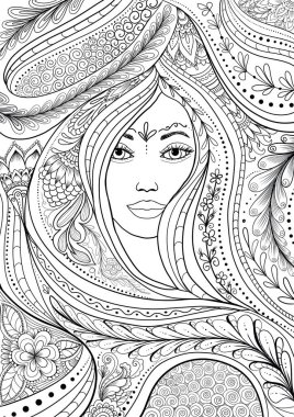 Zentangle tarzında süslenmiş kadın portresi, yetişkin boyama kitabı sayfası