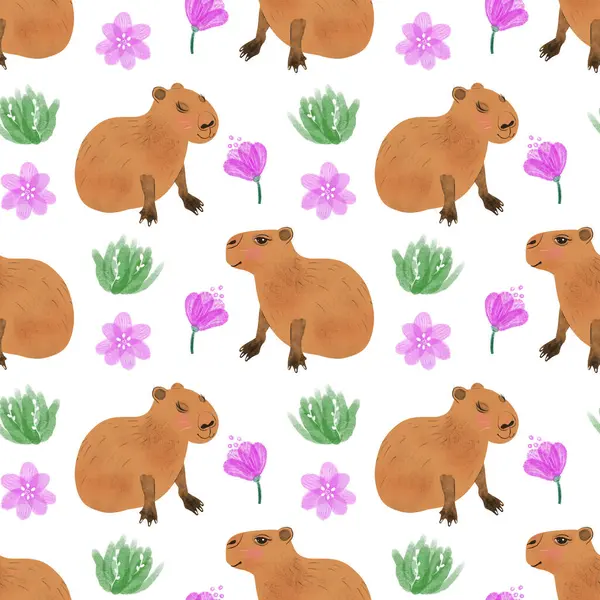 Beyaz arka planda çiçeksiz desenli şirin Capybara