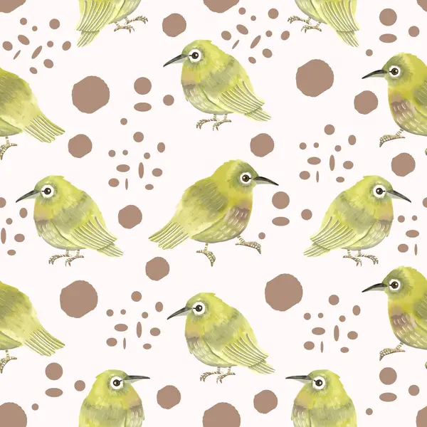 Çiçekler, böğürtlenler ve yeşil iora kuşlarıyla Lantana 'yı gösteren botanik desensiz desen tasarımı. El yapımı illüstrasyon arka planlar, duvar kağıtları ve dekoratif baskılar için idealdir.