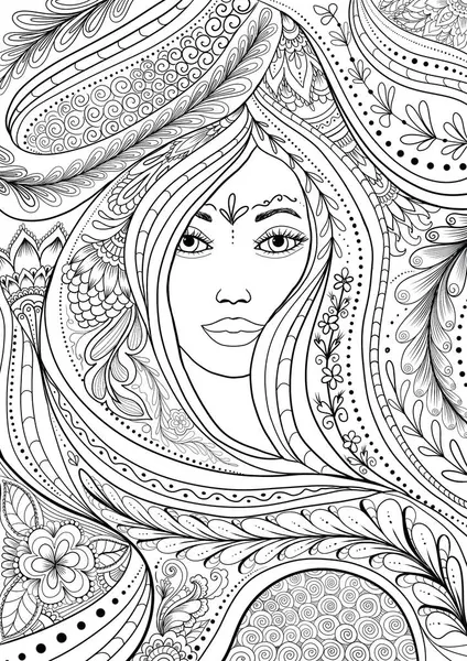 Zentangle tarzında süslenmiş kadın portresi, yetişkin boyama kitabı sayfası