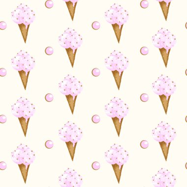 Renkli dondurma külahları içeren enfes ve kaprisli bir suluboya deseni. Bu pürüzsüz ve tekrarlanan tasarım, pembe, sarı ve kremanın pastel tonlarını sergiliyor ve herhangi bir projeye biraz tatlılık katmak için mükemmel hale getiriyor. Geri dönmek için ideal.