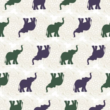 Kumaş, tekstil, kağıt, paket, kabile desenleri için beyaz bir arka planda altın mandala pürüzsüz yüzey desenli siyah filler silueti.