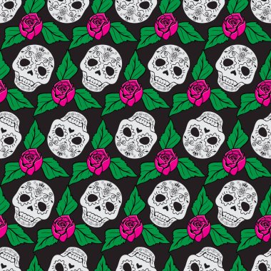 Cadılar Bayramı tekstil, kumaş ve kağıt baskısı için gülsüz desenli insan kafatası.