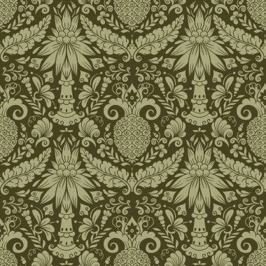 Ananas, palmiye ağacı ve çiçek motifli kusursuz Damask deseni. Tropikal Cazibeyle Tekrarlanan Tasarım