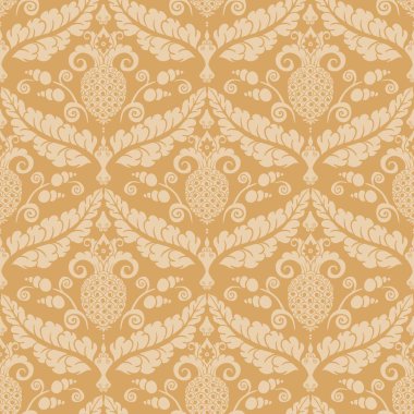 Duvar kâğıdı, lüks ambalaj, kumaş tasarımı, davetiyeler ve ev dekorasyonu projeleri için Ananas ve Yaprak Motifleri ile Altın Damask Kusursuz Deseni. 