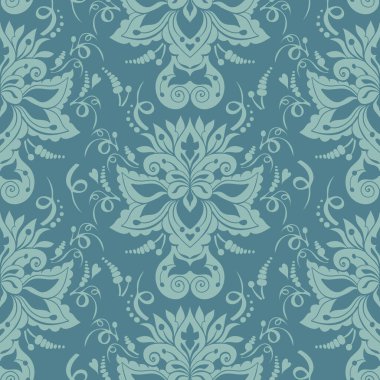 Tekstil, duvar kağıtları, kırtasiye malzemeleri ve lüks markalaşma ürünlerinde kullanılmak üzere kusursuz mavi Damask deseni..