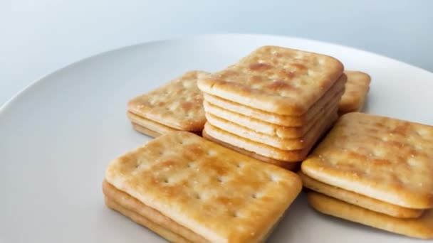 Rotate Salted Crackers White Plate — Stock Video