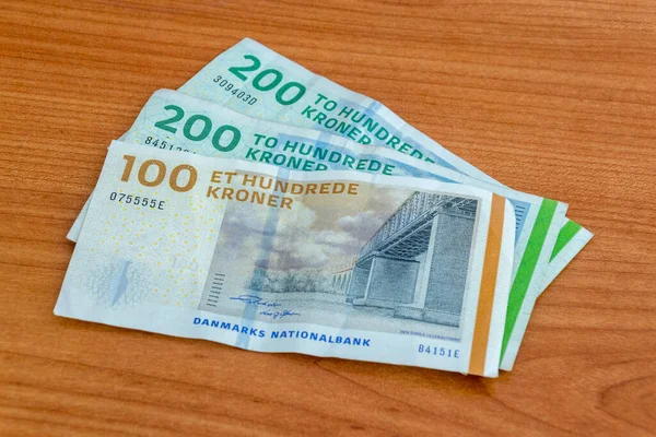 Danish Krone Dkk Banknotes Wooden Table — Stock Photo, Image