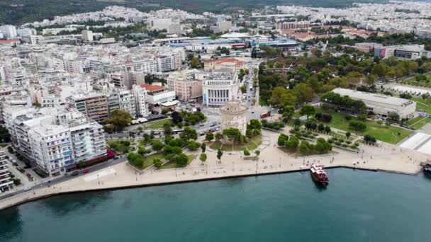 Thessaloniki Grekland September 2022 Flygfoto Över Vita Tornet Thessaloniki Monument — Stockvideo